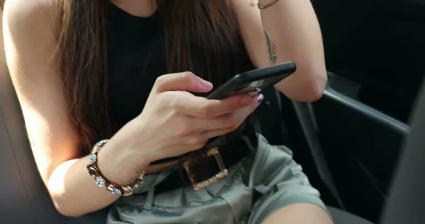 Closeup Girl Hands Texting Using Smartphone Device While Back Seat — Zdjęcie stockowe