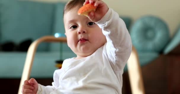 Baby Eten Stuk Appelfruit Peuter Zuigeling Met Gezonde Snack — Stockvideo