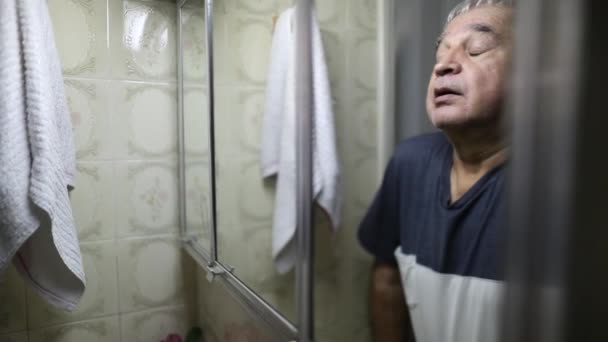 Worried Concerned Older Senior Man Sighing Bathroom Mirror Suffering Middle — 비디오