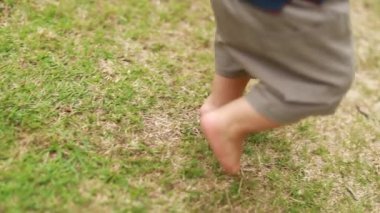 Close-up of baby feet and toes walking outside in lawn