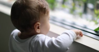 Yavru çocuk pencerenin önünde dikilip dışarı bakıyor.