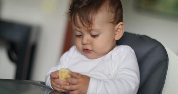 Cute Baby Boy Eating Pieces Banana Seated Highchair — Vídeos de Stock