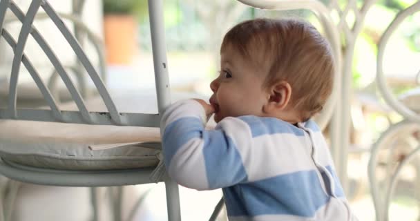 Bebê Bonito Criança Casa Rastejando Inclinando Cadeira — Vídeo de Stock