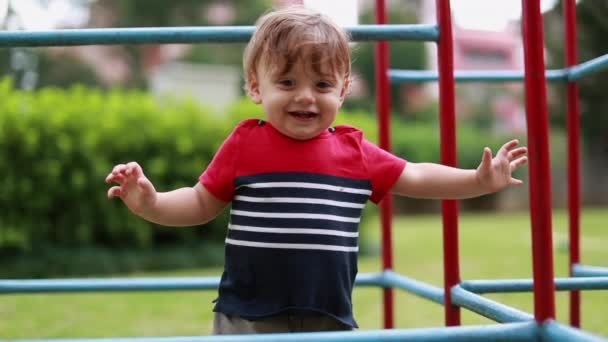 Baby Child Holding Playground Monkey Bar — Stockvideo