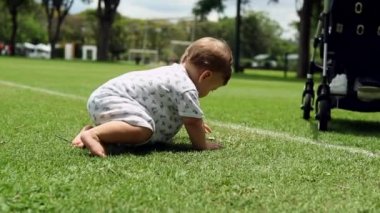 Baby boy examining grass outdoors