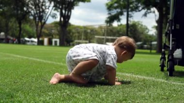 One year old baby sitting at park outdoors examining stick. Toddler boy child outside in nature