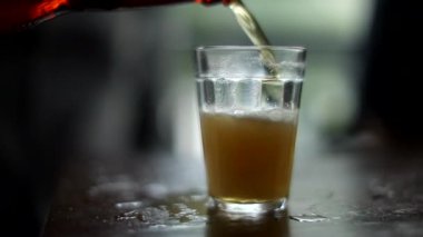Serving beer close-up. Pouring beer into small glass at bar