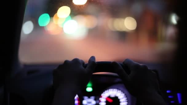 Hands Driving Night Pov Holding Steering Wheel Perspective — Stok video