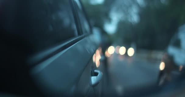 Side View Mirror City Traffic Passing Night Evening — Vídeos de Stock