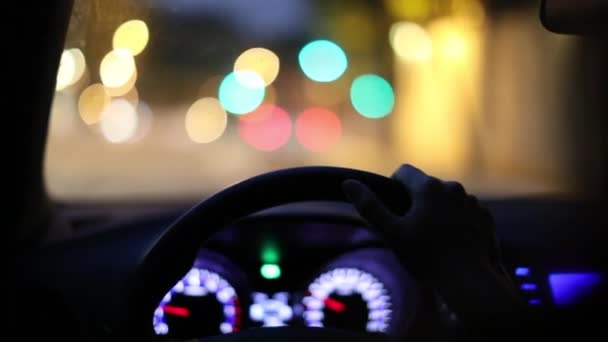 Driving Night City Pov Driver Holding Steering Wheel Urban Evening — Vídeos de Stock