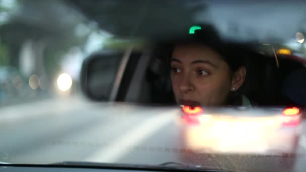 Female Driver Reflection Seen Rearview Mirror Driving Traffic — Stockvideo