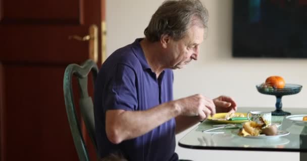 Grandfather Eating Breakfast Infant Child Wanting Attention Standing Next Grandpa — Vídeo de Stock