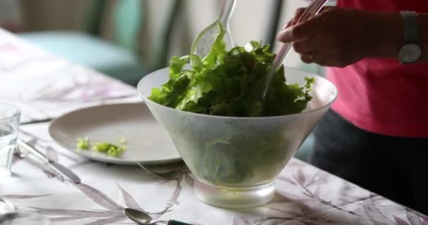 Yemekte Yeşil Salata Servisi Yapan Kişi — Stok video