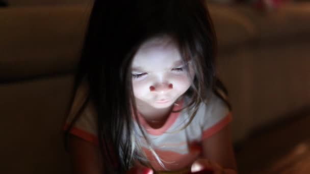 Child Girl Watching Content Online Smartphone Screen Glowing Face — Stockvideo