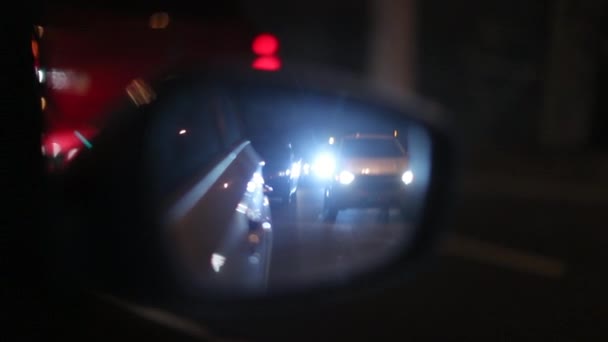 Passenger Perspective Looking Side View Mirror Night City — Vídeos de Stock