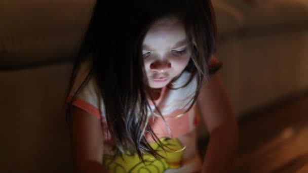 Little Girl Holding Cellphone Screen Night Casual Small Child Using — Stock Video