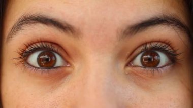 Woman shock reaction face close-up macro eyes wide open
