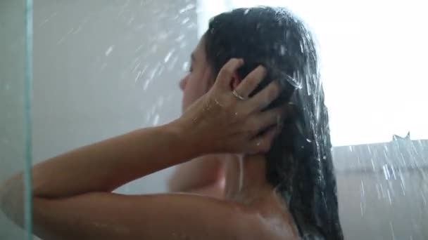 Woman Relaxing Shower Person Morning Bathroom Showering Feeling Drops Water — Stok video