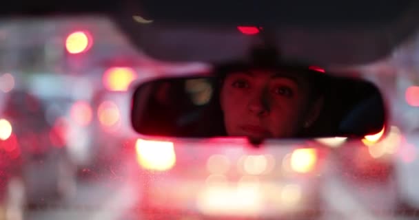 Woman Driver Seen Rearview Mirror Stuck Traffic City — Vídeos de Stock
