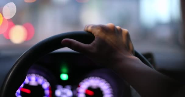 Closeup Driver Pov Holding Steering Wheel Driving Night — 图库视频影像