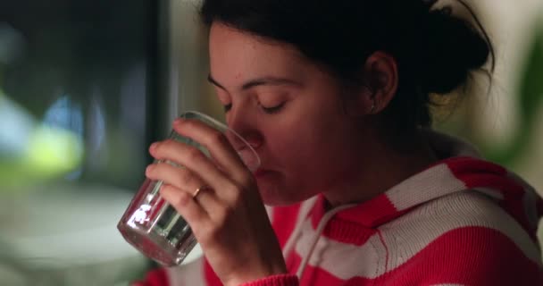 Woman Taking Supplements Glass Water Casual Girl Taking Pills Night — Stock videók