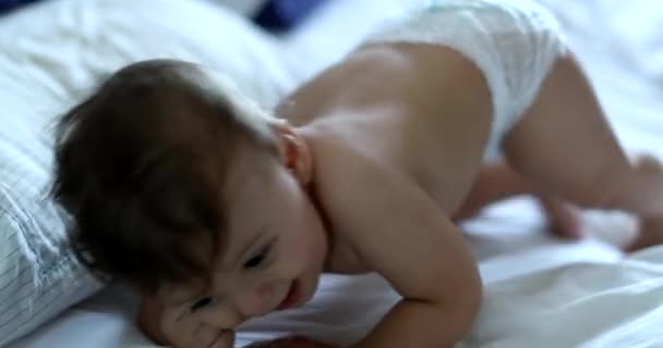 Playful Smiling Cute Baby Infant Bed — Vídeo de Stock