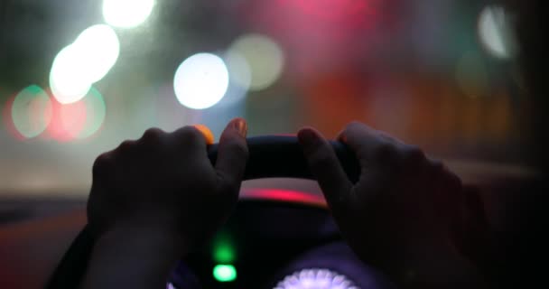 Hands Closeup Holding Steering Wheel Driving Night — Stok video