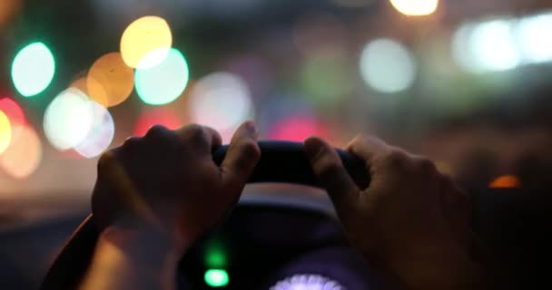 Commuter Driver Pov Holding Steering Wheel Driving Night — Vídeos de Stock
