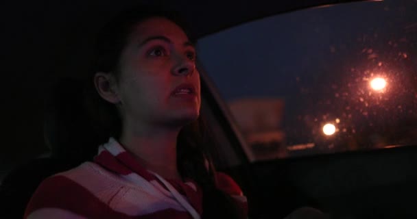 Female Driver Driving Night While Talking Out Loud — Vídeos de Stock