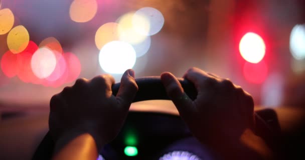 Commuter Driver Pov Holding Steering Wheel Waiting Red Light Traffic — Stock video