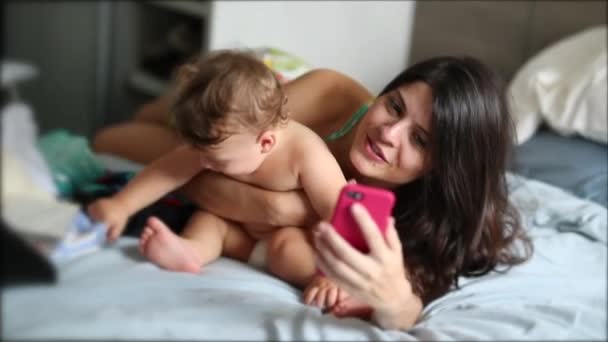 Mother Trying Take Selfie Baby Infant Boy Holding Smartphone — Vídeo de Stock