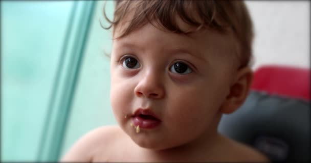 Cute Baby Portrait Eating Spitting Food Close Infant Child Face — Videoclip de stoc