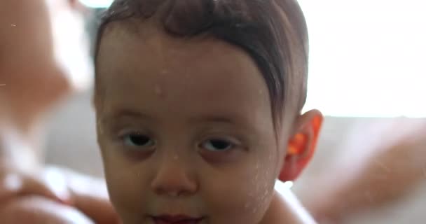 Washing Baby Infant Shower Mother Holding Cute Toddler Cleaning — Vídeo de stock
