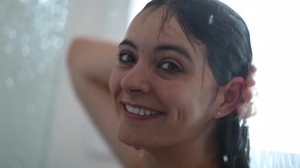 Portrait Woman Taking Shower Slow Motion Smiling Camera — Vídeo de stock