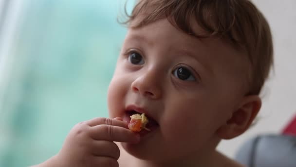 Distracted Cute Baby Infant Dropping Piece Food Mouth — Vídeo de stock