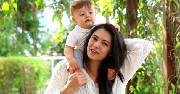 Cute Mother Baby Son Caring Loving Relationship Casual Infant Sitting — Stockvideo