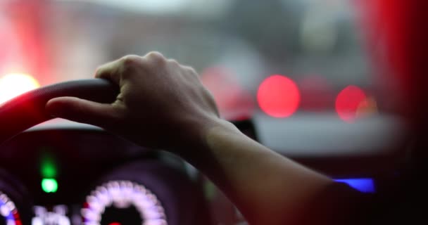 Person Hand Holding Car Steering Wheel Waiting Traffic Jam Driver — Stok video