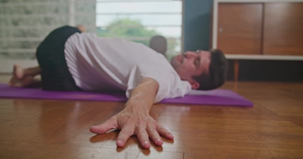 Young Man Practicing Yoga Mat Living Room Home Interior Person — Vídeos de Stock