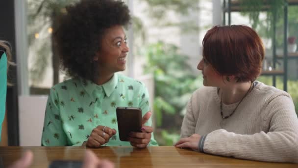 Felices Amigos Riendo Sonriendo Dos Mujeres Jóvenes Diversas Cafetería Riendo — Vídeo de stock