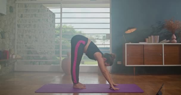 Young Woman Learning Yoga Tablet Spacious Room Overlooking Garden Girl — Video Stock