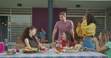Bir grup arkadaş arka bahçedeki barbekü partisinde kadeh kaldırmayı kutluyorlar. İnsanlara haberleri veren bir kadın.