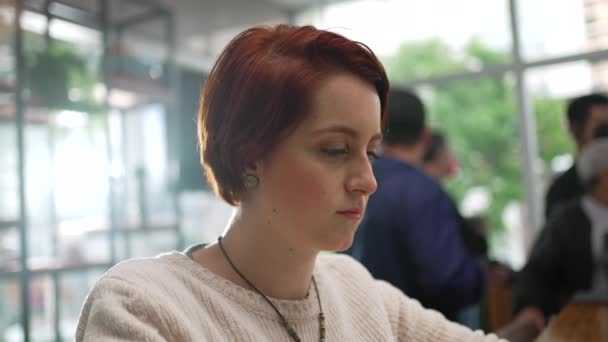 Roodharige Jonge Vrouw Typt Laptop Toetsenbord Coffeeshop Millennial Twintiger Jaren — Stockvideo