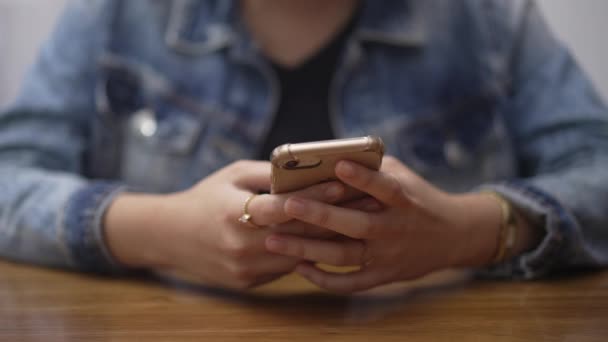 Primeros Planos Manos Femeninas Sosteniendo Teléfono Celular Mensaje Texto Chica — Vídeo de stock