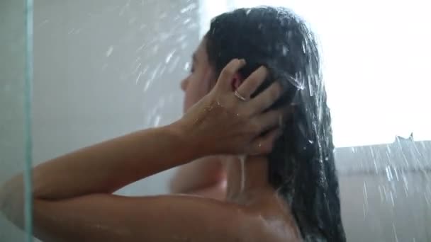 Woman Relaxing Shower Person Morning Bathroom Showering Feeling Drops Water — Vídeos de Stock