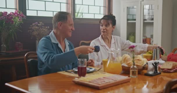 Married Couple Having Breakfast Together Wife Serves Coffee Her Husband — Vídeo de Stock