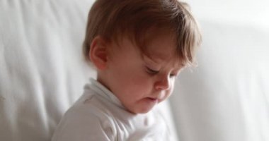 Cute baby sitting on couch eating berries. Adorable infant snacking