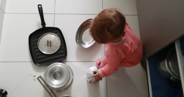 Baby Playing Pans Pots Kitchen Floor One Year Old Plays — Vídeo de Stock