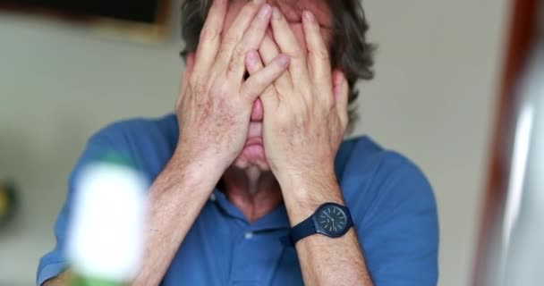 Older Man Feeling Stressed Covering Face Hands Anxious Senior Person — Wideo stockowe