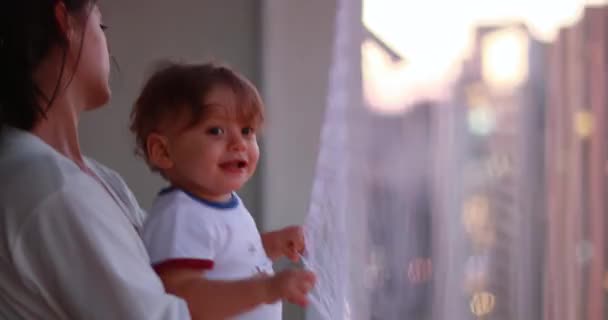 One Year Old Baby Holding Safety Net Apartment Balcony — Stok video