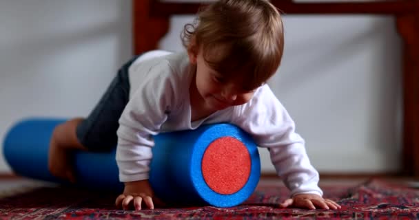 Adorable Baby Toddler Plays Fitness Accessory Living Room Floor — Stockvideo